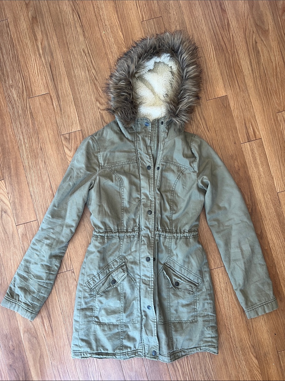 Hollister Olive Green Hooded Utility Parka with Faux Fur Trim